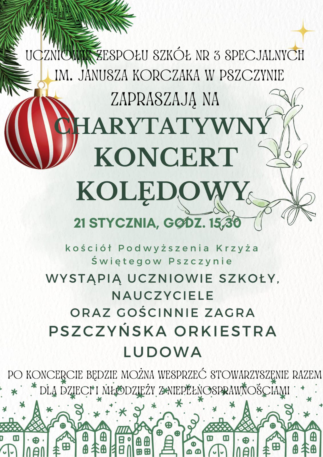 Plakat zaproszenie na Charytatywny Koncert Kolędowy.