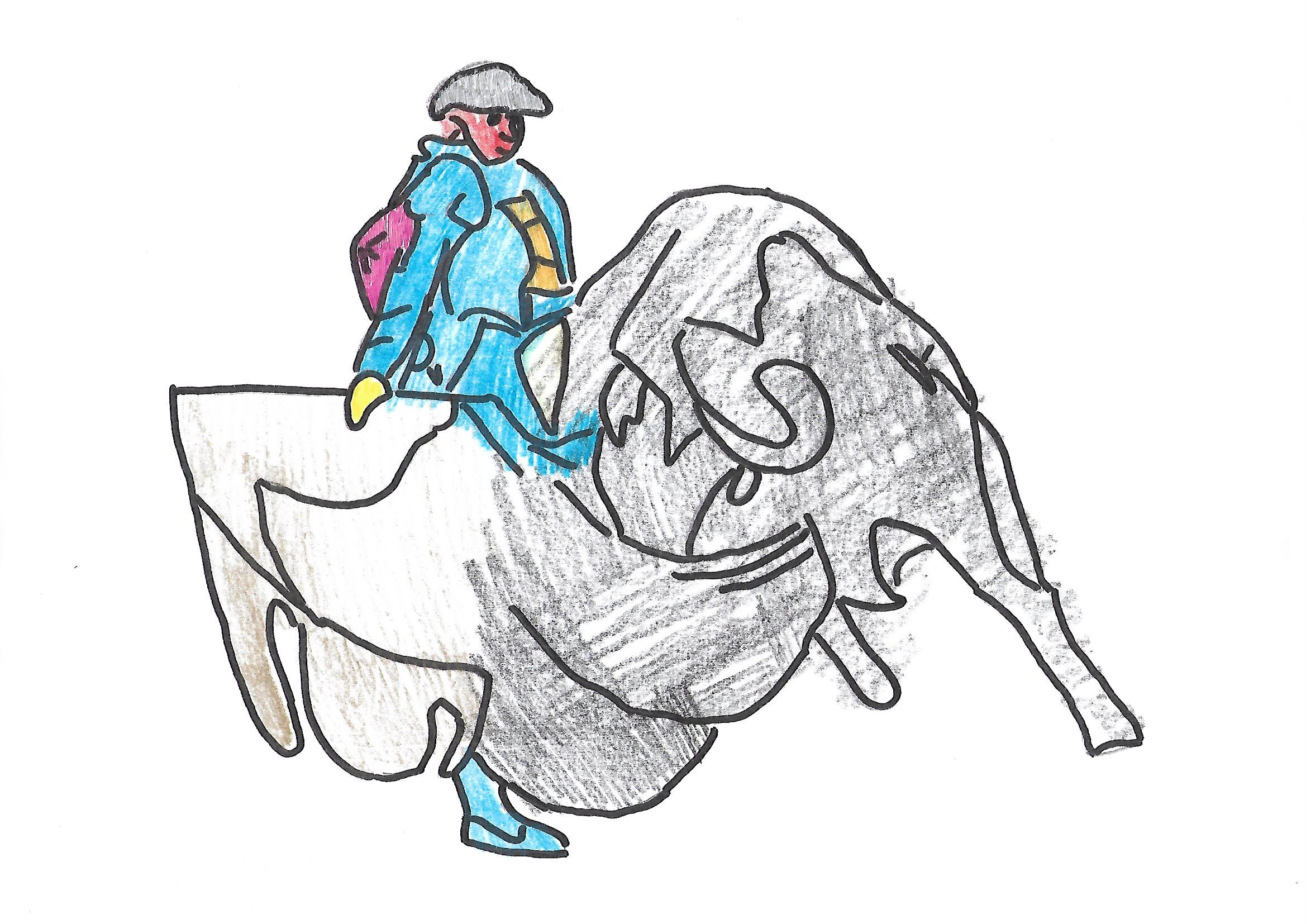 rysunek torreadora walczącego z bykiem wykonany przez uczennicę ZS3S